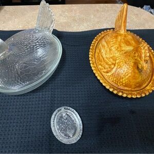 Vintage Glass Hen Dishes 3  - Clear and Amber